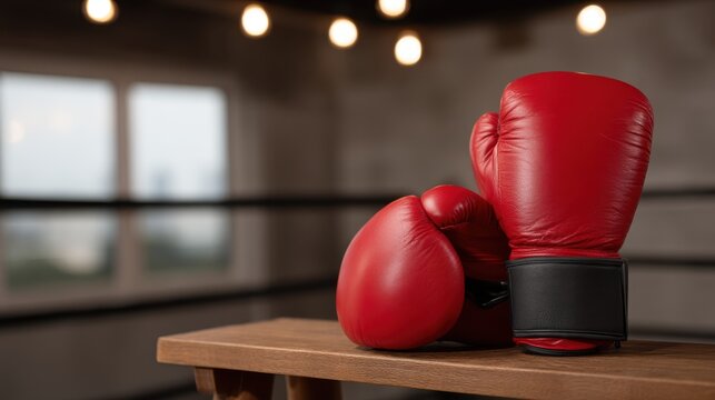 Close-Up of Red Boxing Gloves Resting on a Table in a Boxing Gym Environment