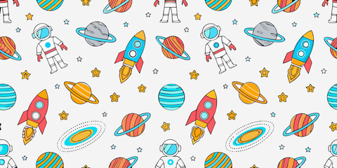 Cute cartoon space pattern with astronauts rockets planets and stars on white background © Asit