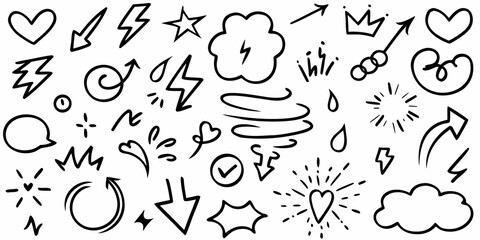 Collection of hand drawn doodle elements including arrows hearts stars clouds and lightning bolts