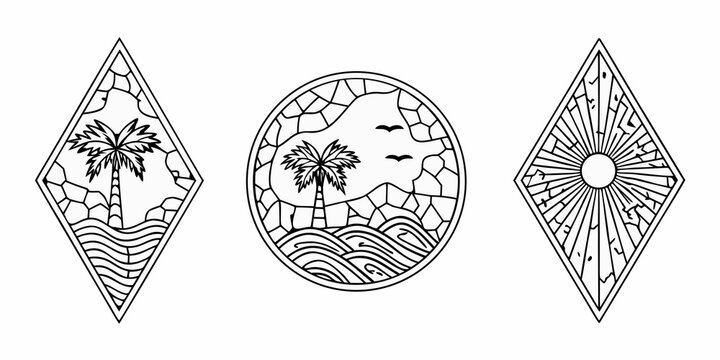 Collection of three minimalist line art emblems featuring tropical beach scenes and a sunburst design