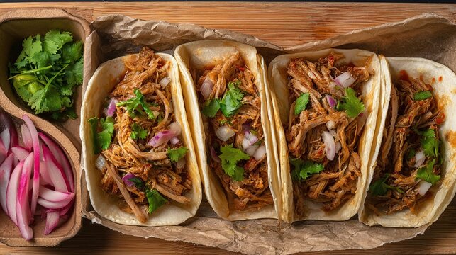 carnitas. Traditional Mexican tacos with pork carnitas and fresh toppings in a flat lay. menu design, packaging mockups, designed for food delivery and cloud-kitchen brand materials.