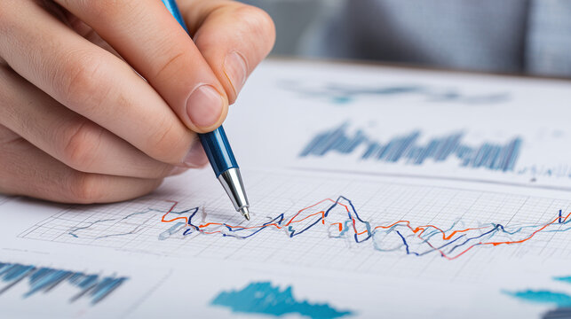 Hand reviewing multicolored financial chart with market trends and performance analytics. Ideal for business growth, strategy planning, investment evaluation and data analysis themes