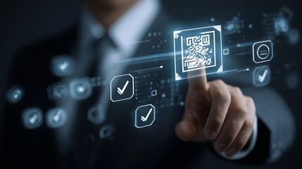 A digital interface displays a QR code being selected, symbolizing secure authentication, modern workflow validation, fast data access and efficient corporate processes in a connected environment