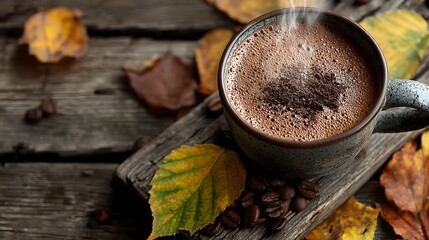 Top-down view of a warm mug of creamy hot chocolate on a rustic wooden park bench, surrounded by colorful autumn leaves with a wisp of steam.