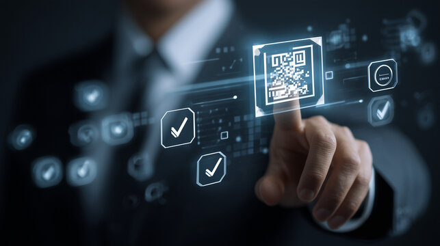 A digital interface displays a QR code being selected, symbolizing secure authentication, modern workflow validation, fast data access and efficient corporate processes in a connected environment
