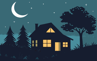 Fototapeta premium Cozy cabin at night with crescent moon and stars