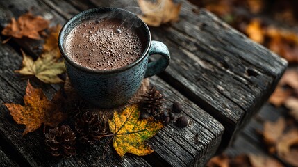Top-down view of a warm mug of creamy hot chocolate on a rustic wooden park bench, surrounded by colorful autumn leaves with a wisp of steam.