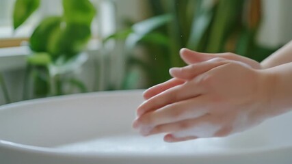 Washing hands with soap and water in a sink for cleanliness and hygiene