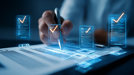 Profissional assinando documento com elementos holográficos de checklist, simbolizando autenticação digital, validação, processos modernos, produtividade e gestão eficiente empresarial