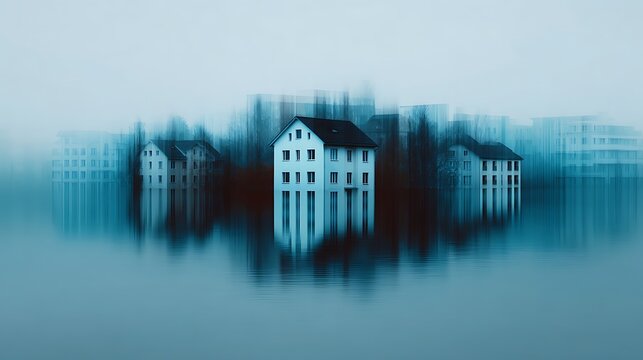 A surreal, misty landscape featuring partially submerged houses, creating an eerie and dreamlike atmosphere.