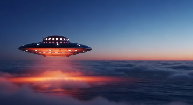 Glowing unknown flying object in the night sky over the ocean. Concept of alien presence, extraterrestrial life, and science fiction.