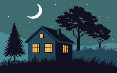 Fototapeta premium Cozy cabin at night with crescent moon and trees