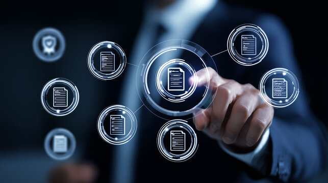 Business professional interacting with digital document icons and futuristic UI elements, representing workflow automation, digital approval processes, efficiency and modern corporate technology