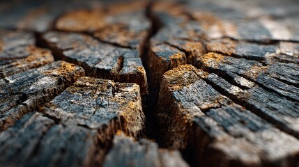 Ultra-detailed macro photograph captures the cross-section of an ancient, weathered tree trunk, revealing its intricate growth rings and deep cracks.