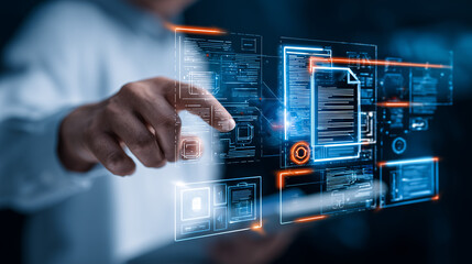 Interface digital com ícones de documentos sendo selecionados por toque, representando gestão moderna, organização, tecnologia, armazenamento seguro e processos eficientes no ambiente corporativo