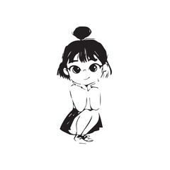 Beautiful Kawaii Girl Black and White Vector Illustration in Cute Simple Line Art Style