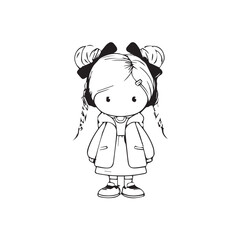 Beautiful Kawaii Girl Black and White Vector Illustration in Cute Simple Line Art Style
