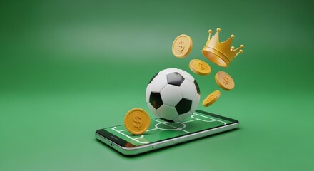 Football on mobile phone with coins and crown. Online soccer betting and sports gamble concept. Digital championship game for cash reward.