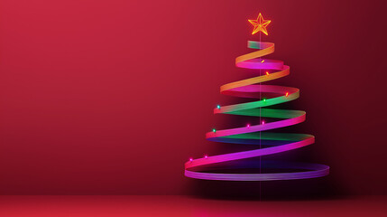A Christmas tree made of glowing neon strips in pink, blue, green, and purple, set on a flat red surface against an empty background, evoking a festive yet elegant holiday vibe