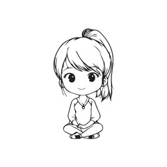 Beautiful Kawaii Girl Black and White Vector Illustration in Cute Simple Line Art Style