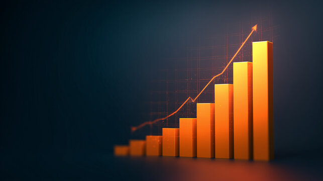 Rising orange financial bar chart with a dynamic upward line, symbolizing profit, performance improvement, market expansion and business success in a modern analytical visual composition