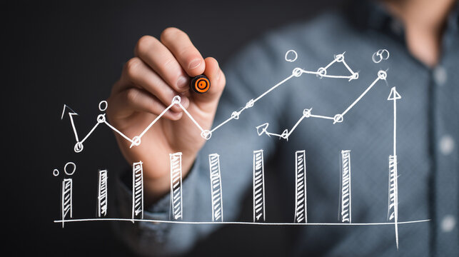 Professional analyzing a rising financial chart with detailed lines and metrics, symbolizing strategy, growth, investment planning and corporate decision-making