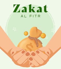 Zakat Al Fitr Donation Illustration with Hands Holding Money Bag for Charity. 