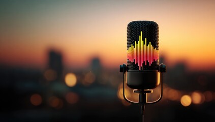 Retro microphone with glowing audio waves against a city skyline at sunset