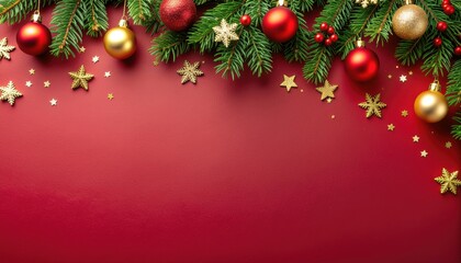 Festive christmas ornament arrangement on green pine boughs red background holiday decor indoor setting top-down view joyful celebration concept