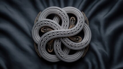 Stylized Celtic Knot Swirl with Shimmering Metallic Thread Texture on Charcoal Background