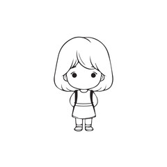 Beautiful Kawaii Girl Black and White Vector Illustration in Cute Simple Line Art Style