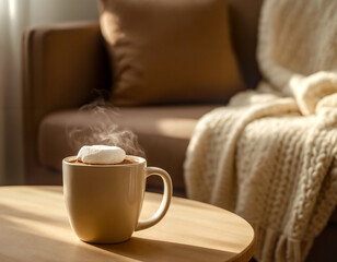 A steaming mug of hot cocoa with a marshmallow on a cozy table, with a soft blanket and couch in the background.