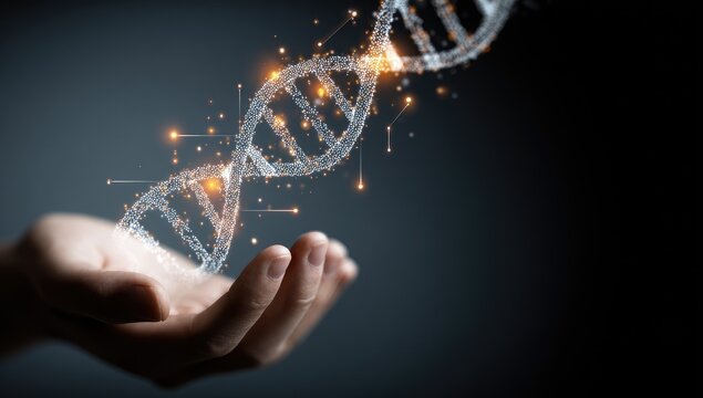 Hand holds a glowing DNA strand, digital illustration
