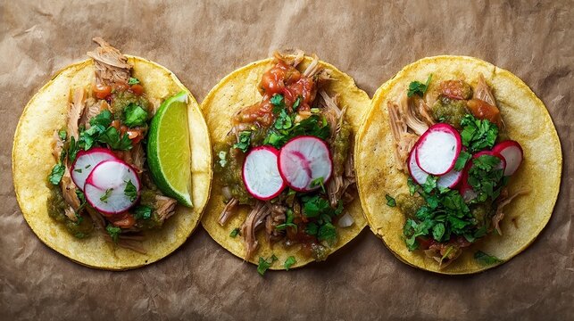 carnitas. Traditional Mexican tacos with pork carnitas and fresh toppings in a flat lay. menu design, packaging mockups, designed for food delivery and cloud-kitchen brand materials.