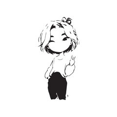Beautiful Kawaii Girl Black and White Vector Illustration in Cute Simple Line Art Style