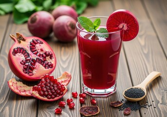A vibrant juice blend with pomegranate and beetroots arranged on wooden surface, exuding freshness and healthy vibes