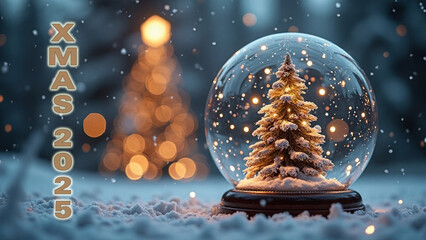 Merry X-Mas 2025 - Symbolillustration mit Schneekugel und Weihnachtsbaum