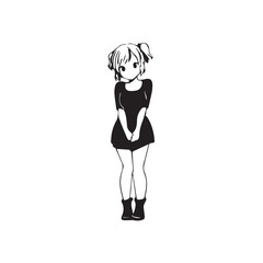Beautiful Kawaii Girl Black and White Vector Illustration in Cute Simple Line Art Style