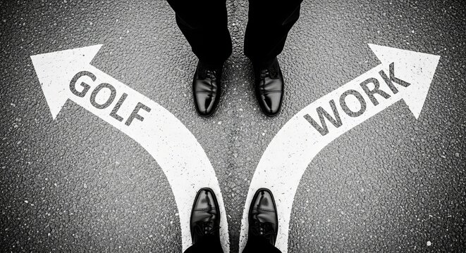 A person standing at a crossroads of golf and work directions
