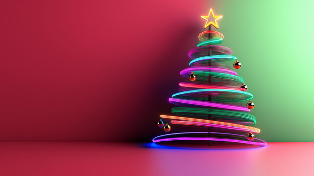 A Christmas tree made of glowing neon strips in pink, blue, green, and purple, set on a flat red surface against an empty background, evoking a festive yet elegant holiday vibe