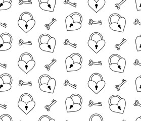heart-shaped keys and locks Valentine's Day seamless pattern. Vector graphic line black and white illustration. For t-shirt printing, web design, beauty salons, posters, logo creation.
