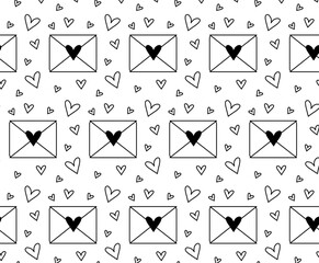 Cute envelope love elements background. Wedding pattern design Valentine's Day seamless pattern. Vector graphic line black and white illustration. for textile, wrapping papers. Love concept
