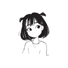 Beautiful Kawaii Girl Black and White Vector Illustration in Cute Simple Line Art Style