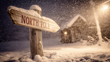 Close-up of a snowy wooden signpost marked "NORTH POLE" in a blizzard at night, rustic winter setting.
