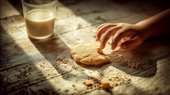 Child's hand reaching for a broken cookie next to a glass of milk on a rustic wooden table illuminated by sunlight. - Powered by Adobe