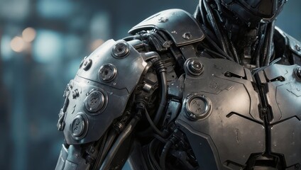 Close-up of a futuristic cyborgs metallic shoulder and torso armor.