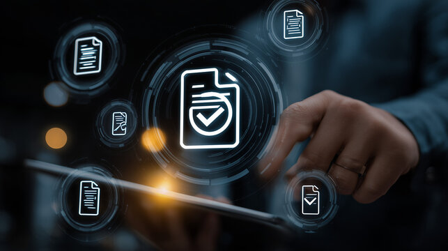 Digital document approval icon glowing over a touchscreen as a hand interacts with the interface, symbolizing workflow automation, secure data processing and modern business technology
