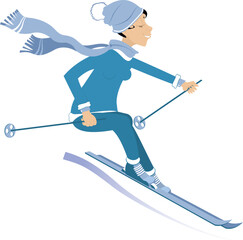 Cheerfulness downhill skiing young woman