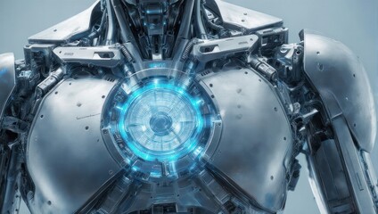 Close-up of a Futuristic Robot with Glowing Blue Energy Core.