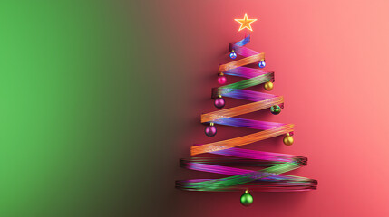 A Christmas tree made of glowing neon strips in pink, blue, green, and purple, set on a flat red surface against an empty background, evoking a festive yet elegant holiday vibe
